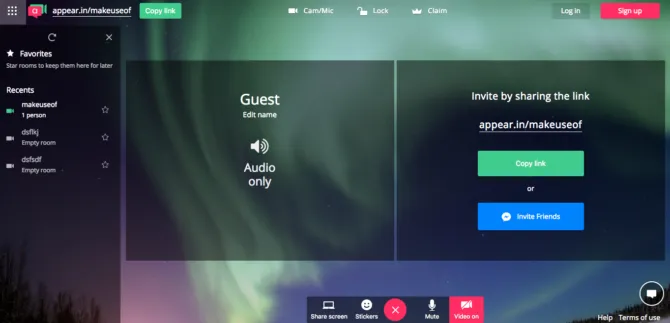 Interface displays a dark guest audio-only panel beside link-sharing controls, with green and blue buttons over an aurora background.