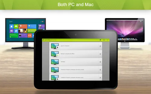 Tablet displays a device-list interface on a desk, with Windows and Mac monitors behind it under green banner.