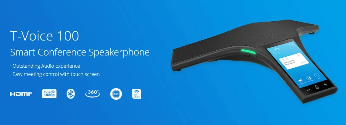 Black conference speakerphone with curved microphone bar and touchscreen rests against a bright blue background.