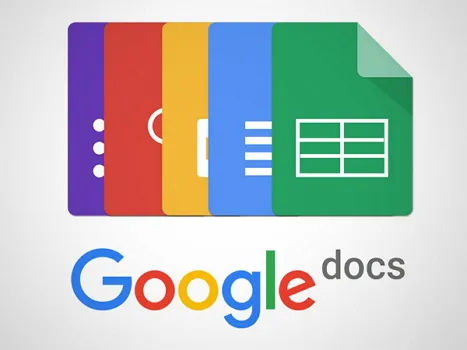 Google Docs logo with overlapping purple, red, yellow, blue, and green document panels above multicolored Google text.