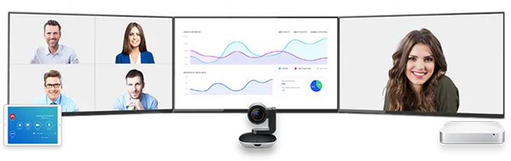 Screens show five smiling people and colorful charts, with a centered webcam and blue control panel below.