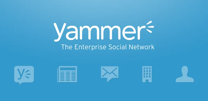 Yammer logo and tagline appear above pale blue icons for messaging, news, email, office buildings, and user profiles.