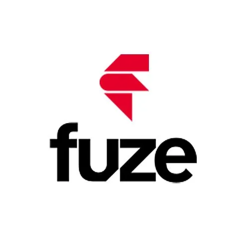 Fuze logo featuring a red geometric emblem above bold black lowercase lettering on a white background.