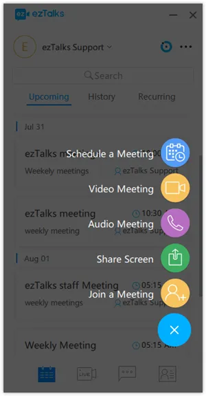 Interface displays a darkened meeting schedule with colorful floating buttons for video, audio, screen sharing, and joining meetings.
