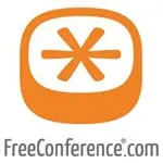 Orange rounded-square logo with a white center and asterisk symbol appears above the “FreeConference.com” wordmark.