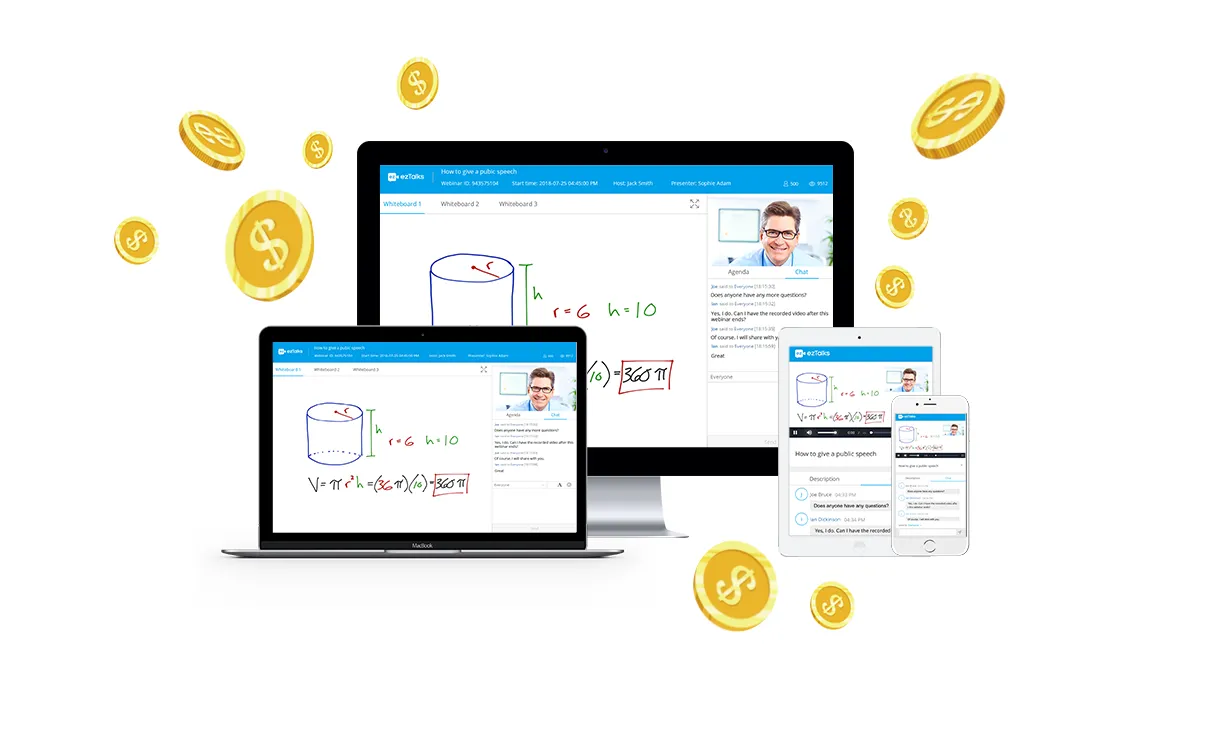 Devices display a whiteboard lesson across a monitor, laptop, tablet, and smartphone, surrounded by floating golden dollar coins.