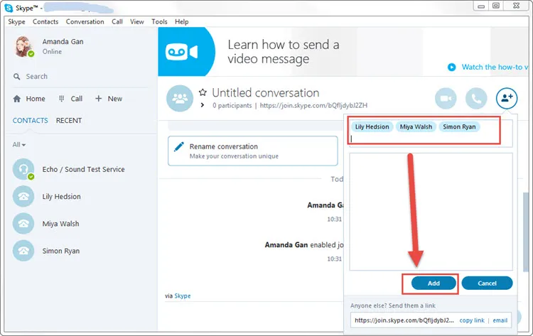 Skype conversation window showing participant names, an Add button highlighted by a red arrow, and contact list on the left.