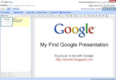 Screenshot shows Google presentation editor displaying a white slide with a multicolored Google logo and centered title text.