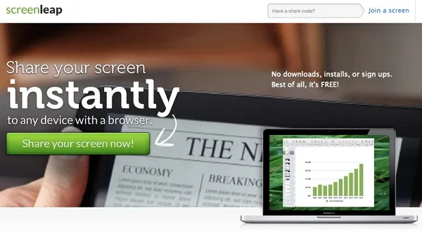 ScreenLeap webpage displays “Share your screen instantly” beside a tablet, newspaper, laptop with a chart, and green sharing button.