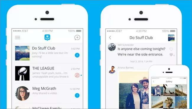 Three white smartphones display a messaging app, with conversation lists, chat messages, profile photos, and a photo gallery against a blue background.