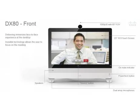 Video conferencing unit displays a smiling man on its screen, with labeled speakers, microphones, camera, and controls.