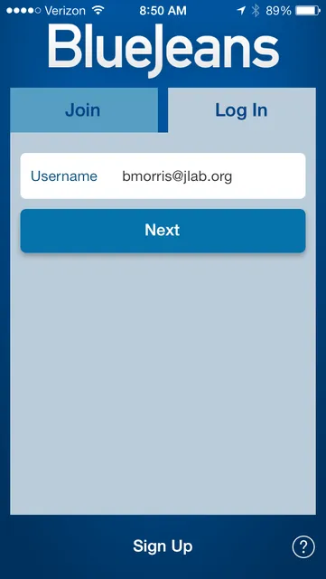 BlueJeans mobile login screen displays Join and Log In tabs, a username field, Next button, and Sign Up link.