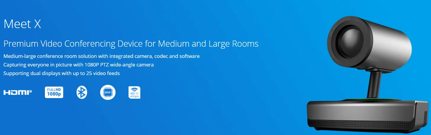 Video conferencing device with cylindrical camera sits against blue background beside white specifications and feature icons.
