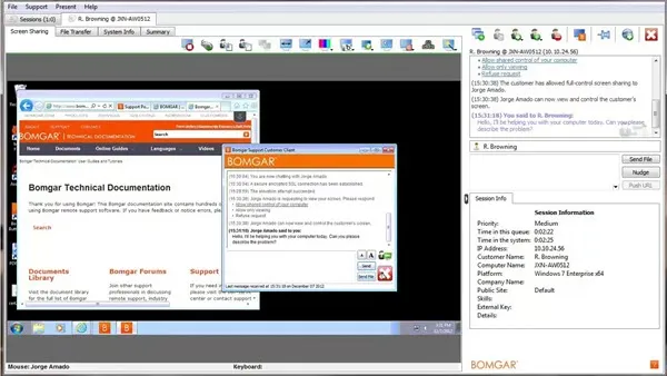 Computer screenshot displays a Bomgar support session with a browser, chat window, session details, and desktop taskbar.