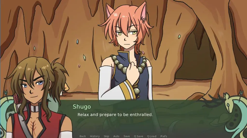 Anime-style scene shows a pink-haired cat-eared character speaking in a cave, with another character and green serpent visible.