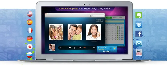 Laptop displays a Skype interface with video call portraits, while national flags and social media icons flank the screen.