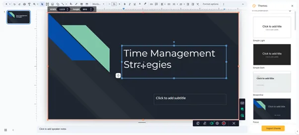 Presentation editor displays a dark slide titled “Time Management Strategies,” with blue and mint shapes and subtitle placeholder.
