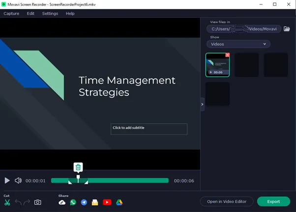 Screen recorder displays a dark “Time Management Strategies” slide with blue and green geometric shapes and a timeline.