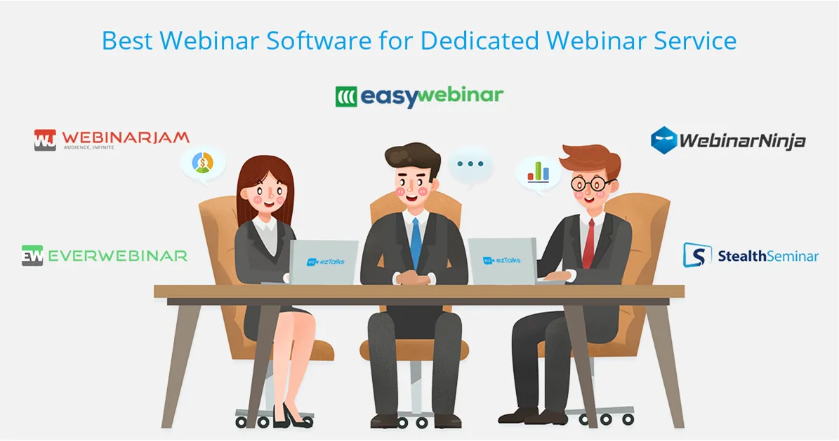 Three presenters sit at a desk with laptops, surrounded by webinar software logos and colorful speech and chart icons.