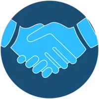 Handshake icon in light blue and dark blue, centered within a dark blue circular background.