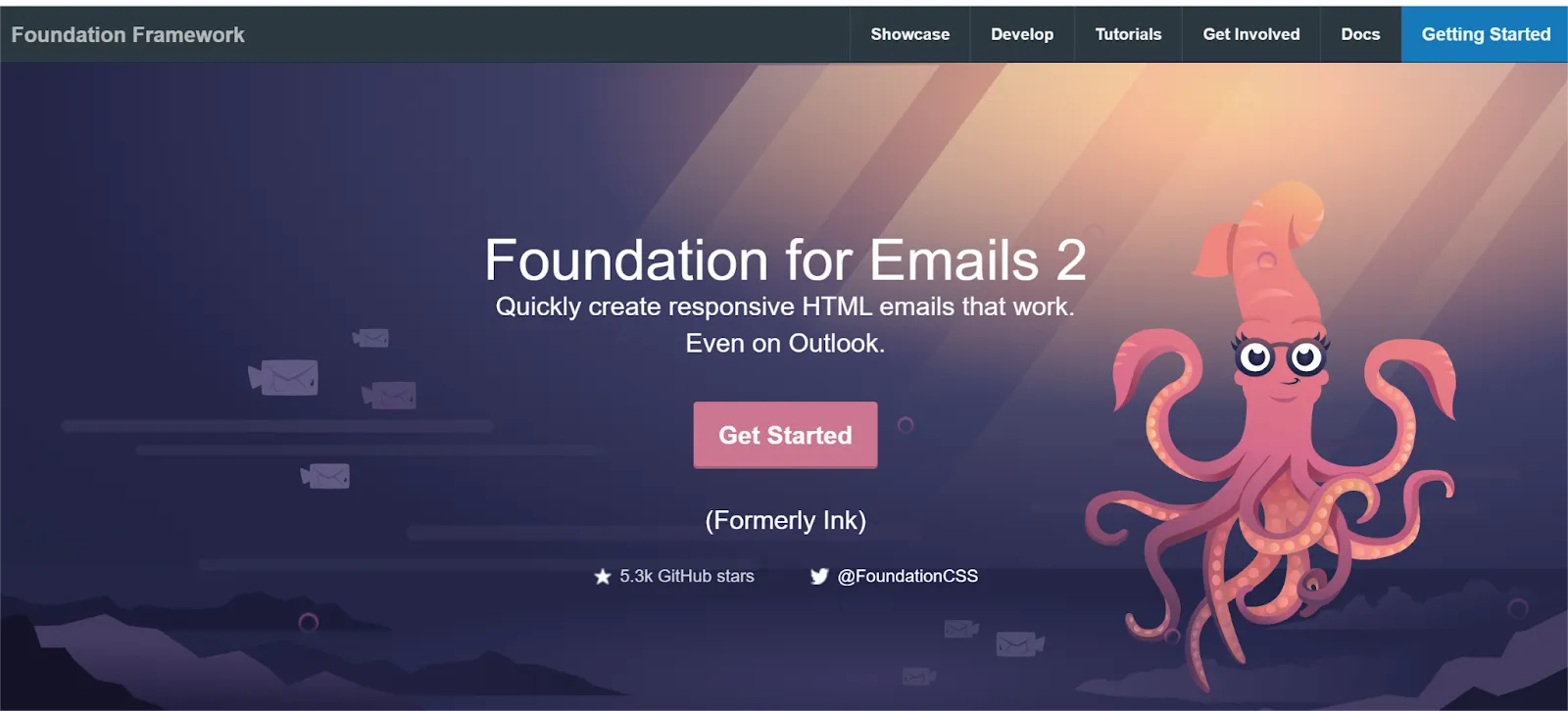Screenshot of the Foundation for Emails 2 website, highlighting its feature of quickly creating responsive HTML emails that work even on Outlook, with a prominent Get Started button.
