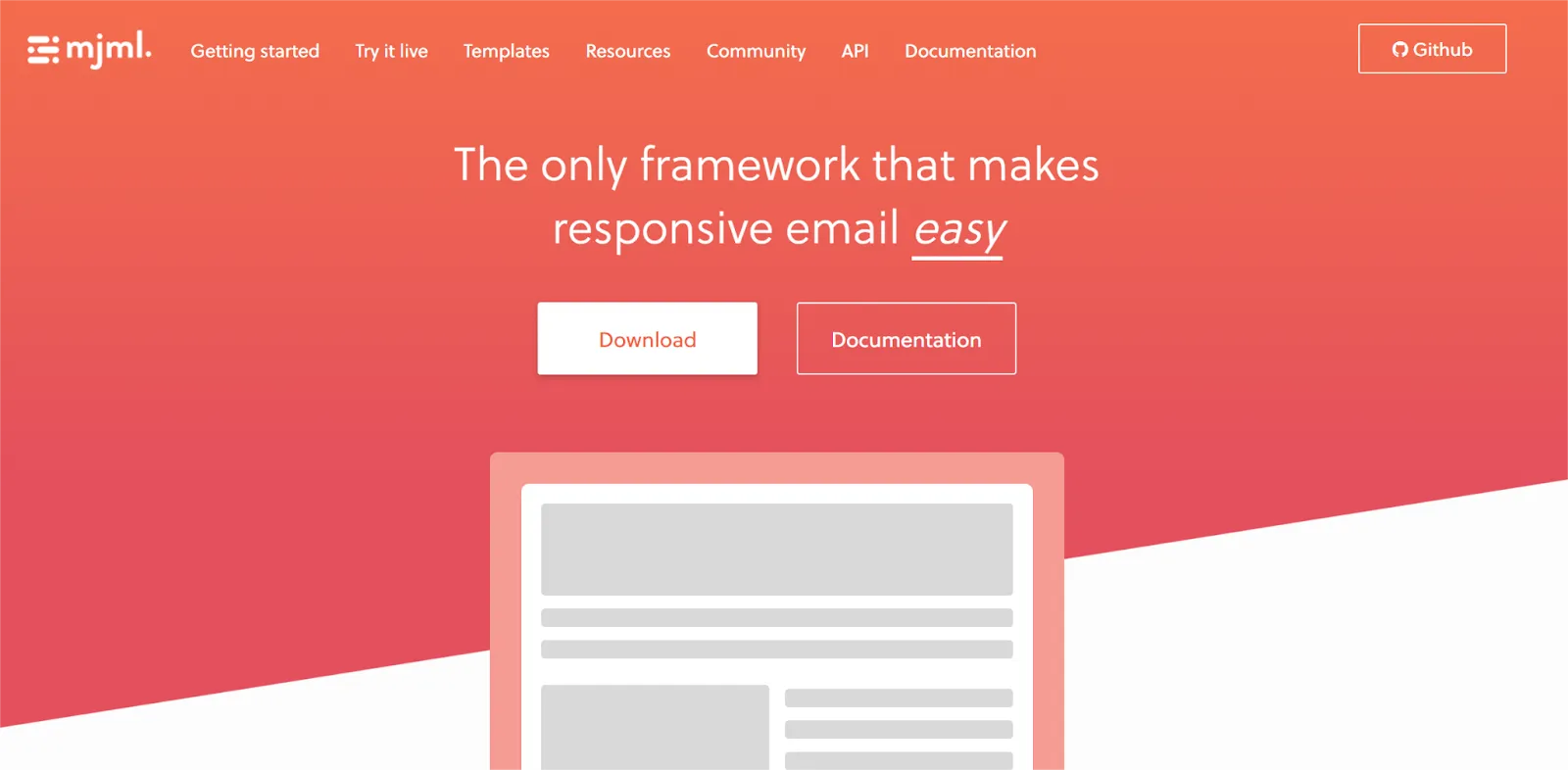 Screenshot of the MJML framework website showcasing its taglineThe only framework that makes responsive email easy with options to download and view documentation.