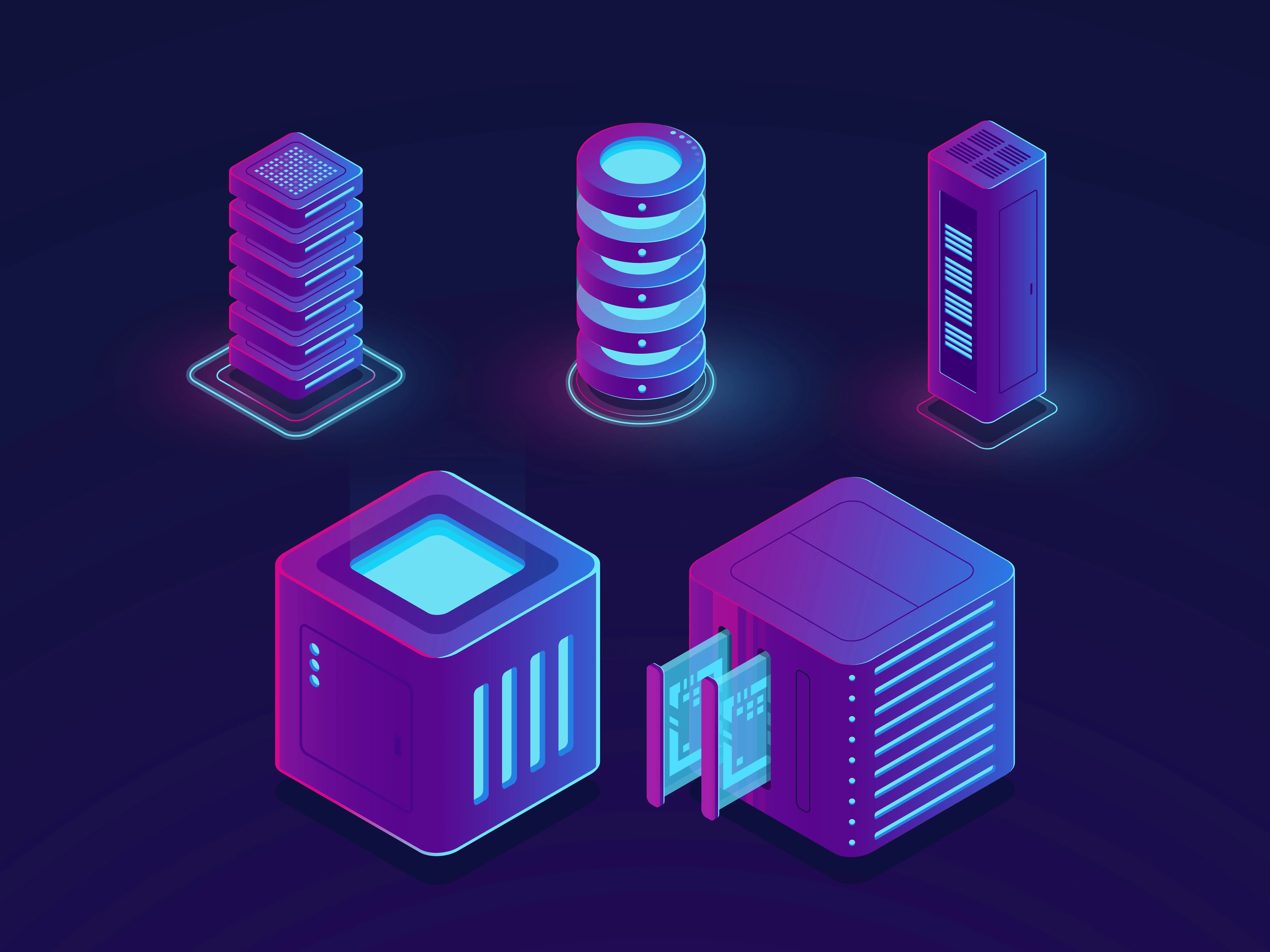 Isometric illustration of various data servers and storage devices, glowing in purple and blue tones, set against a dark background.