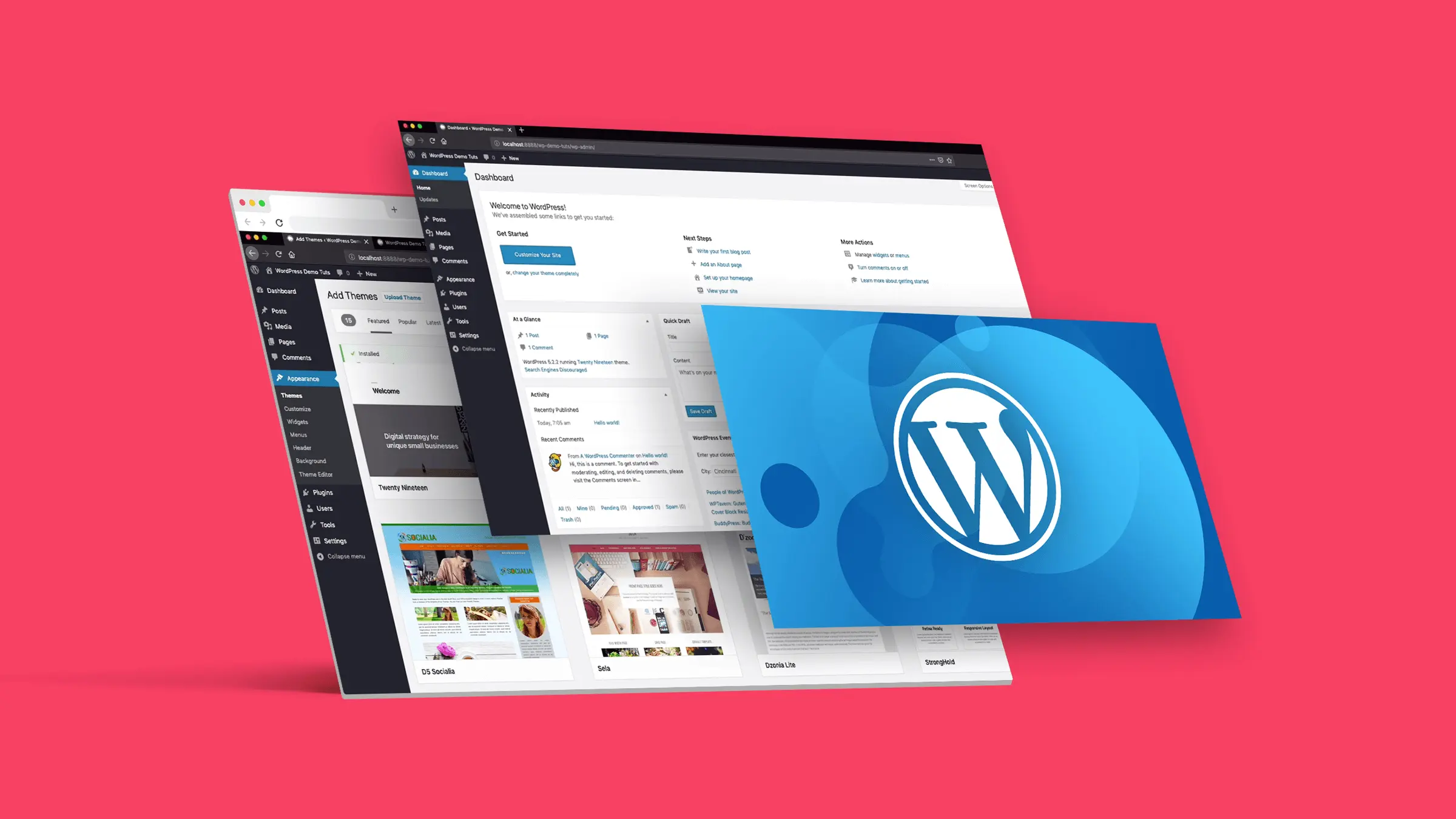 Screenshot of the WordPress dashboard showing various features including themes and site management on a vibrant pink background.