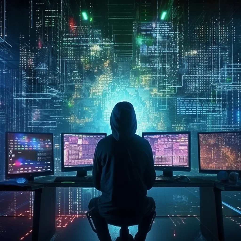 Hooded person sits at a desk facing multiple monitors displaying colorful code and data against a glowing digital background.