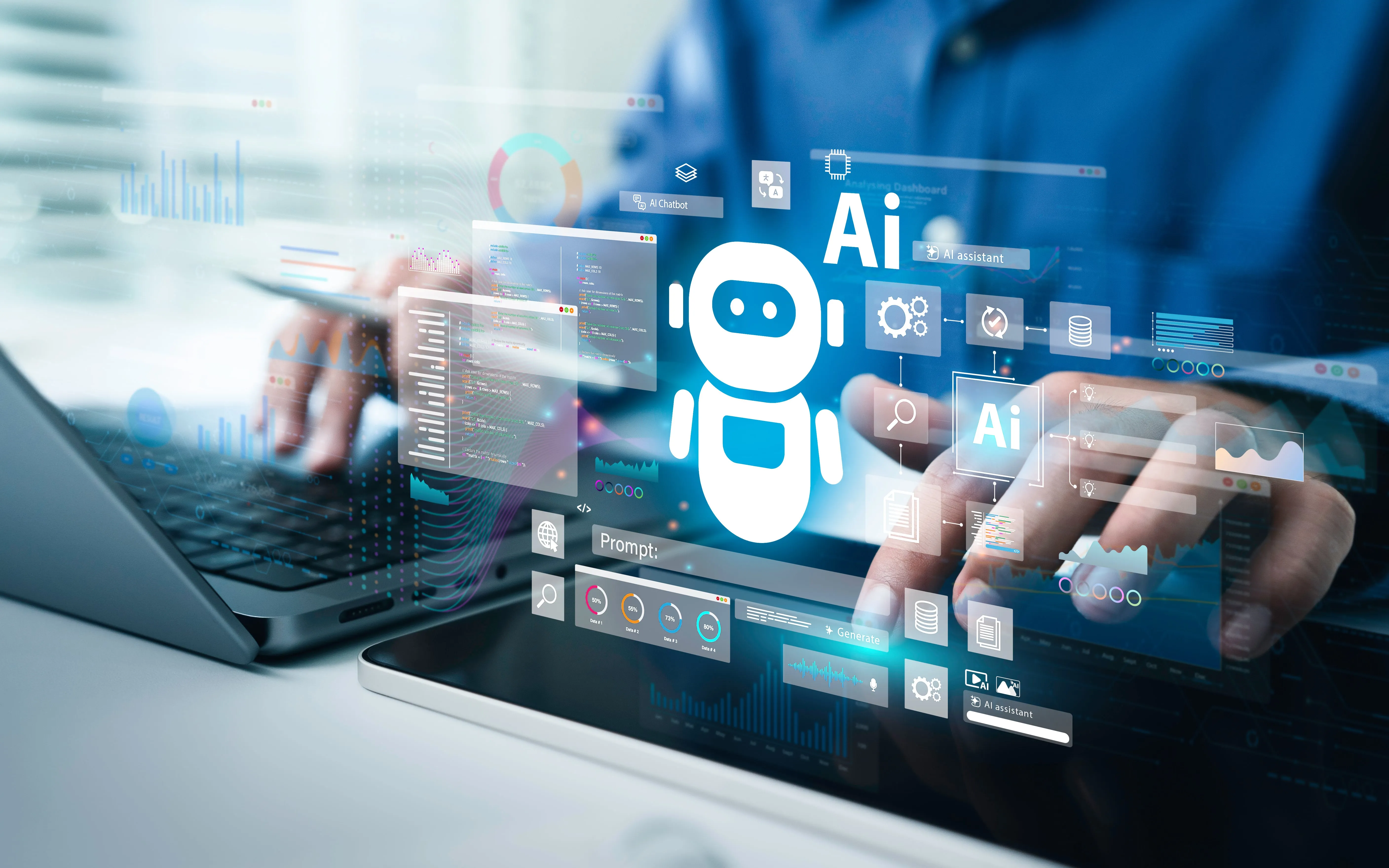 AI-assisted data analysis virtual interface with charts and laptop.