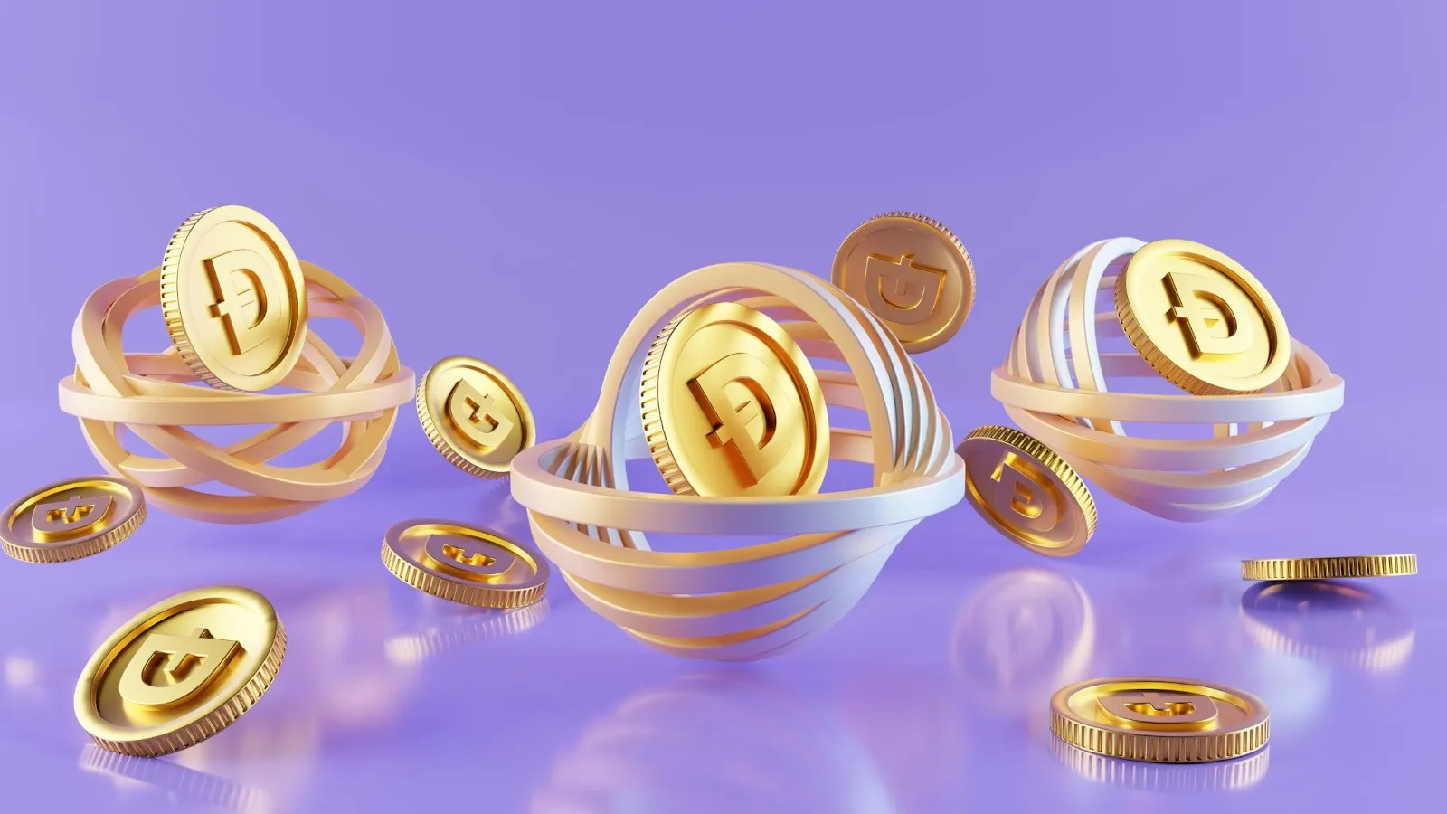 Golden cryptocurrency coins floating with abstract 3D design