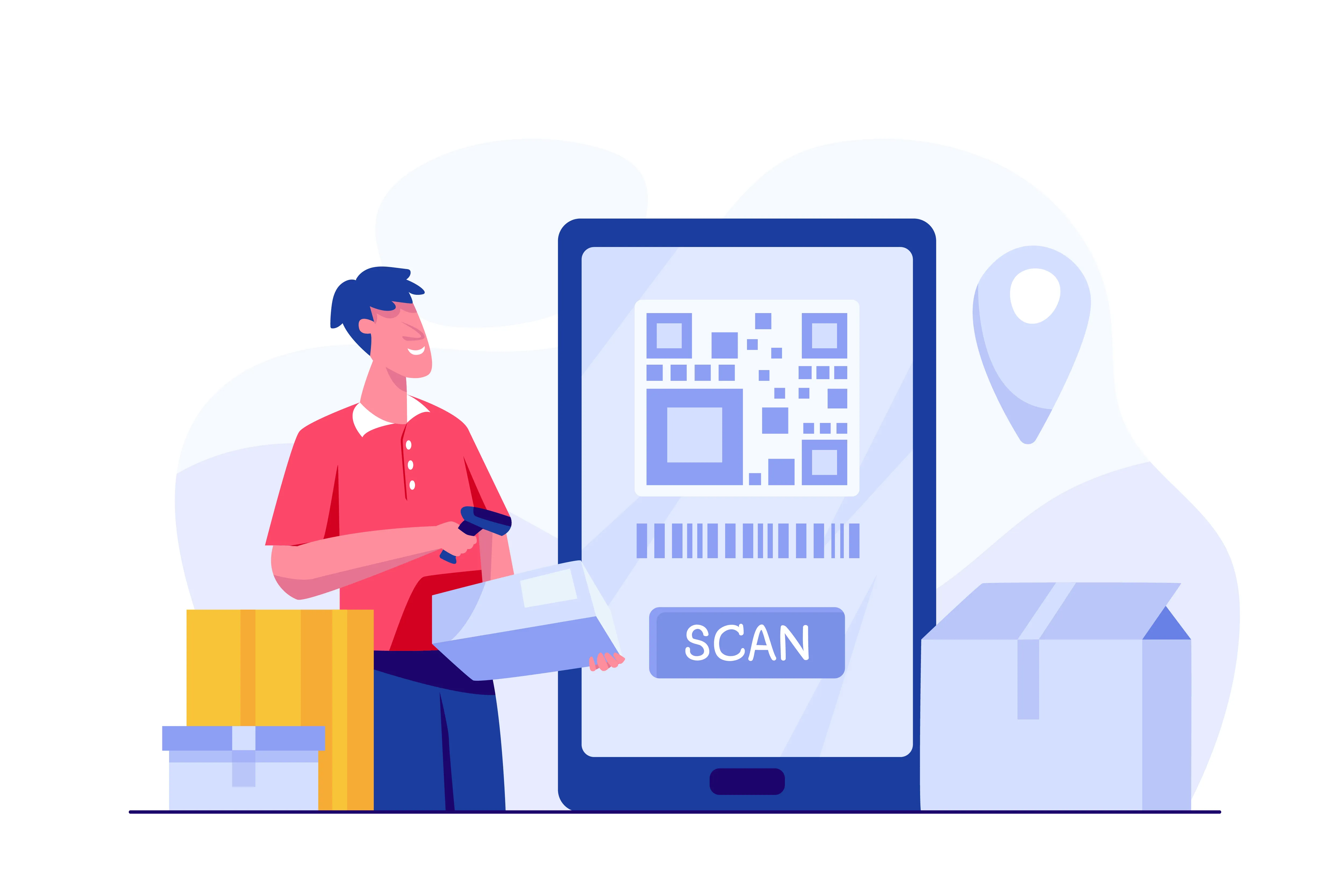 Delivery worker scanning QR code on smartphone for logistics