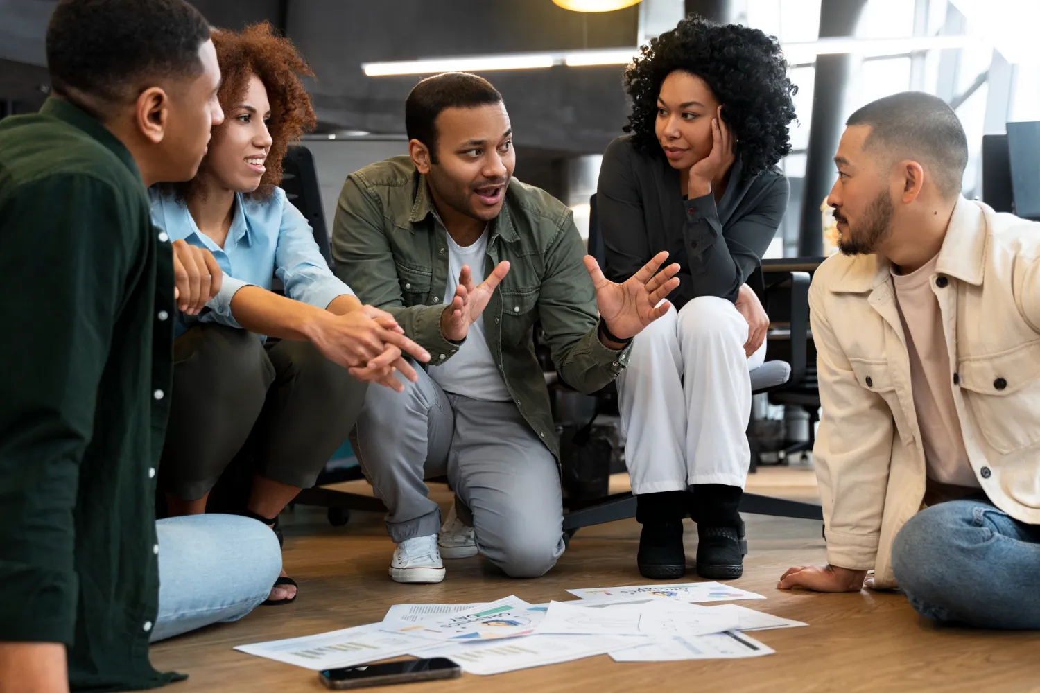 Team discussion and collaboration in a workspace.