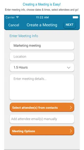 Smartphone screen displays a “Create a Meeting” form with meeting details, attendee selection, and orange meeting options buttons.