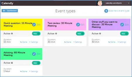 Calendly dashboard displays four color-coded event type cards with durations, active toggles, edit links, and scheduling settings.