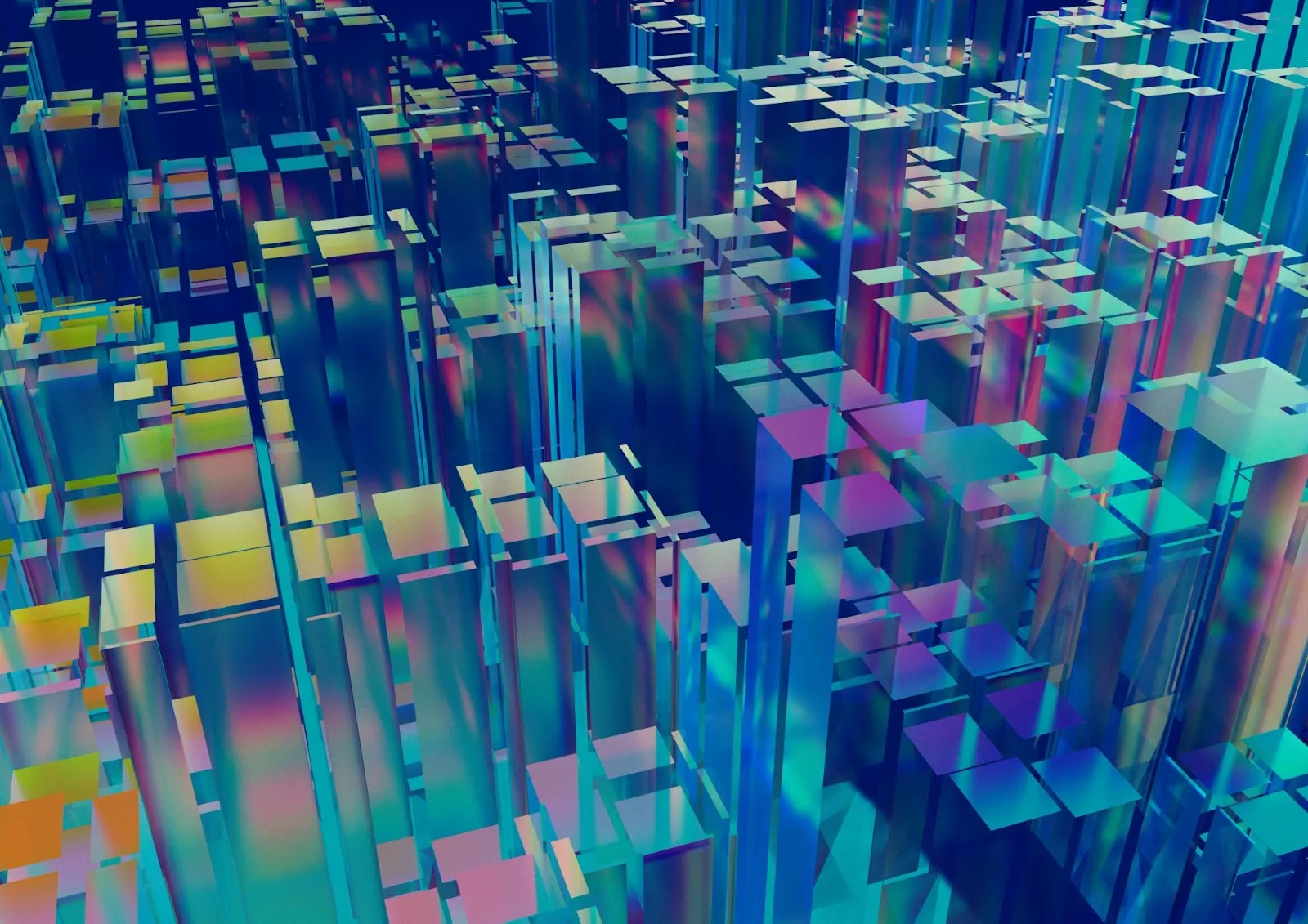 Futuristic city with geometric glass buildings in blue-purple hues.