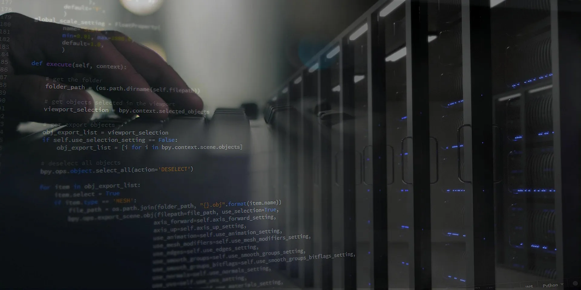 Data center server room with programming interface and blue lights.