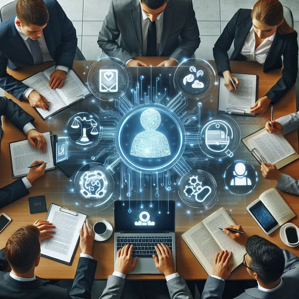 Businesspeople surround a table, working with documents and laptops around a glowing user icon and connected digital symbols.