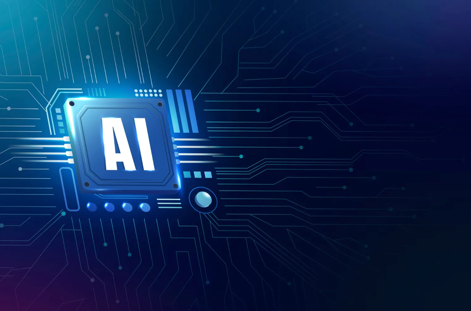 AI microchip glows blue at left, surrounded by intricate circuit traces on a dark navy background.