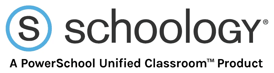 Schoology logo with a blue outlined circle containing an S, black wordmark, and tagline beneath.
