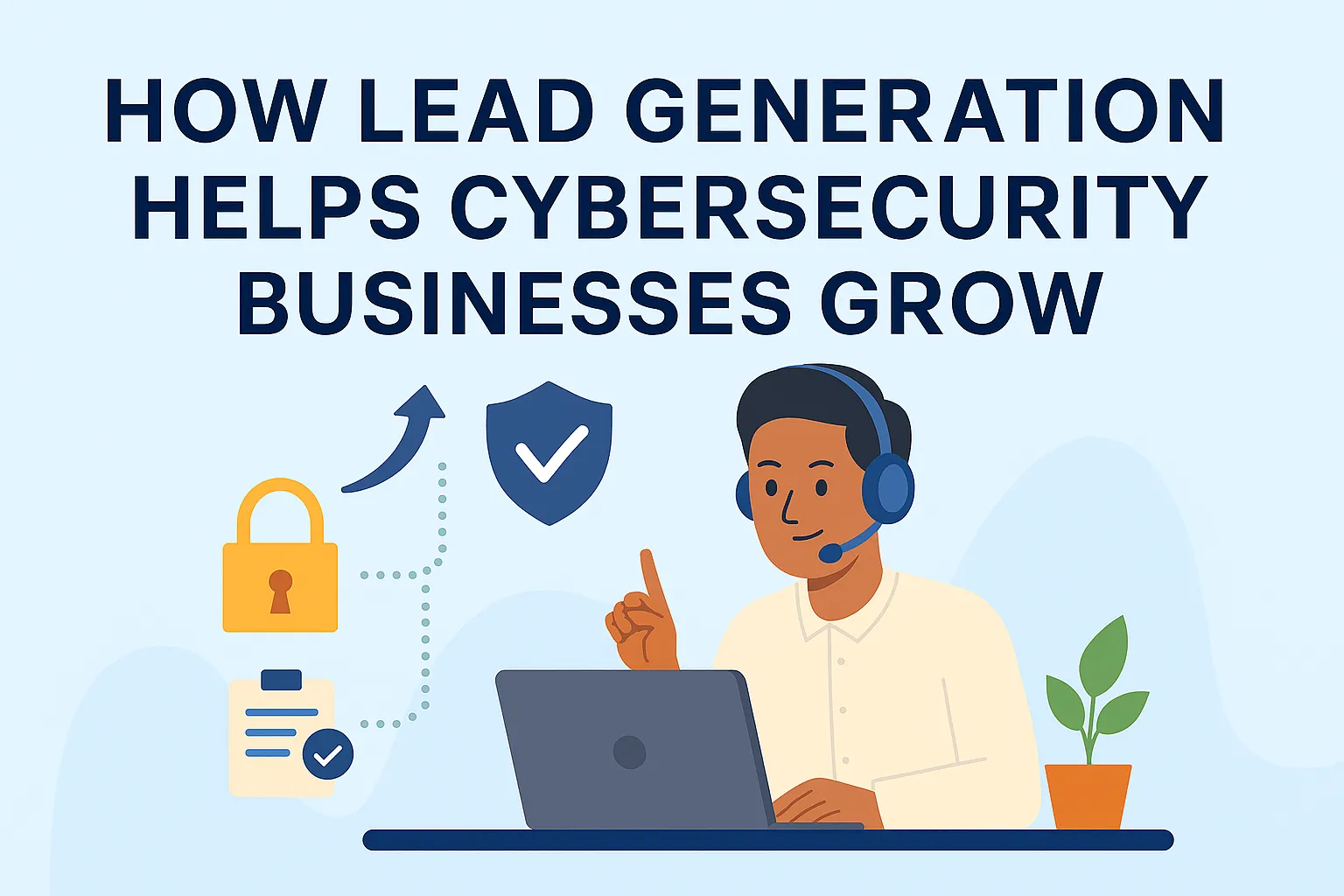 How lead generation helps cybersecurity businesses grow with security icons.