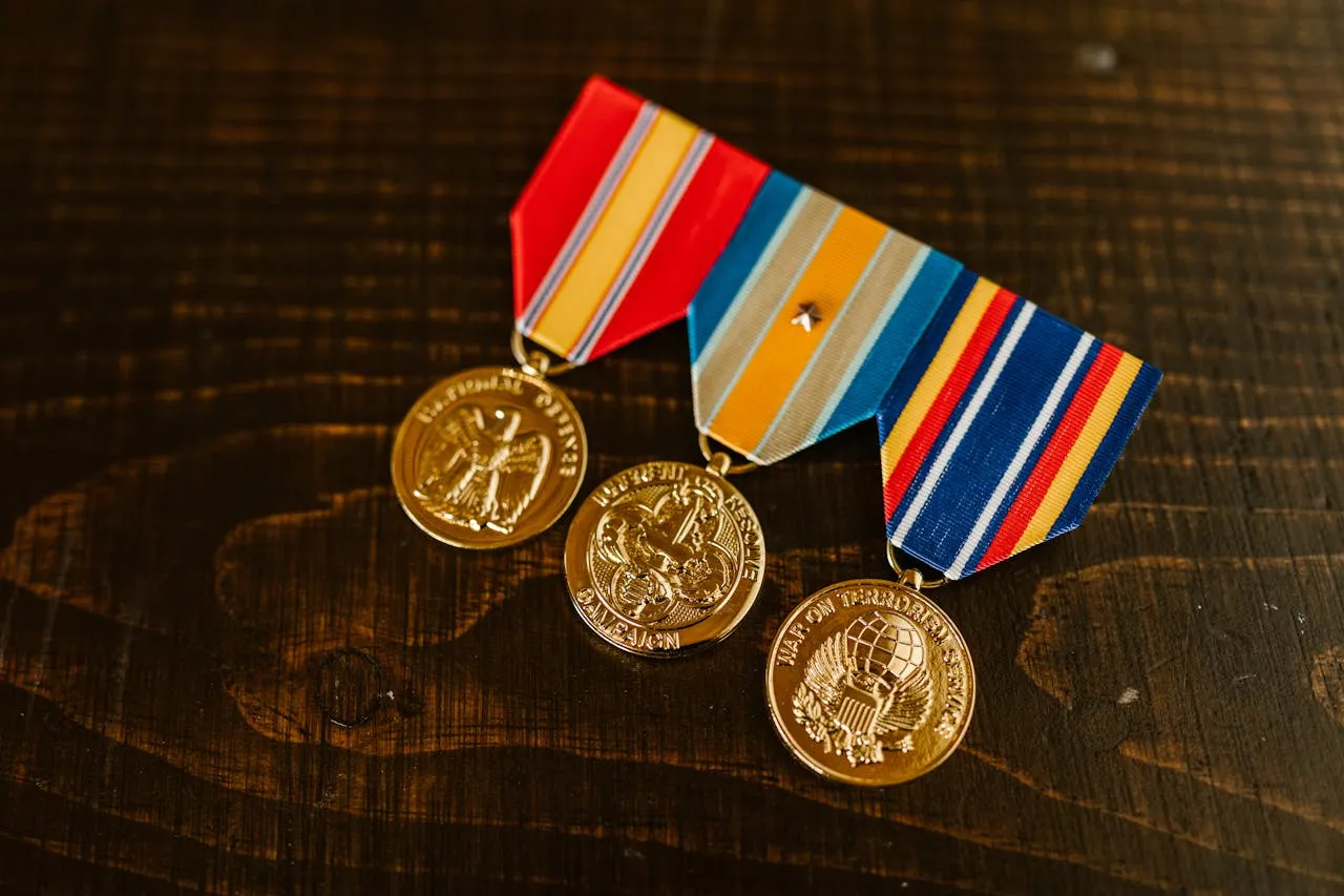 A collection of military challenge coins displayed