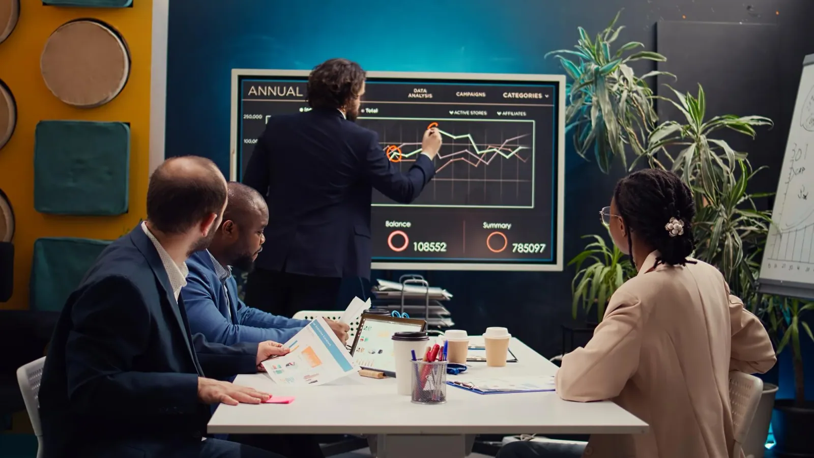 Team of four analyzing annual financial data and charts during a business strategy meeting.