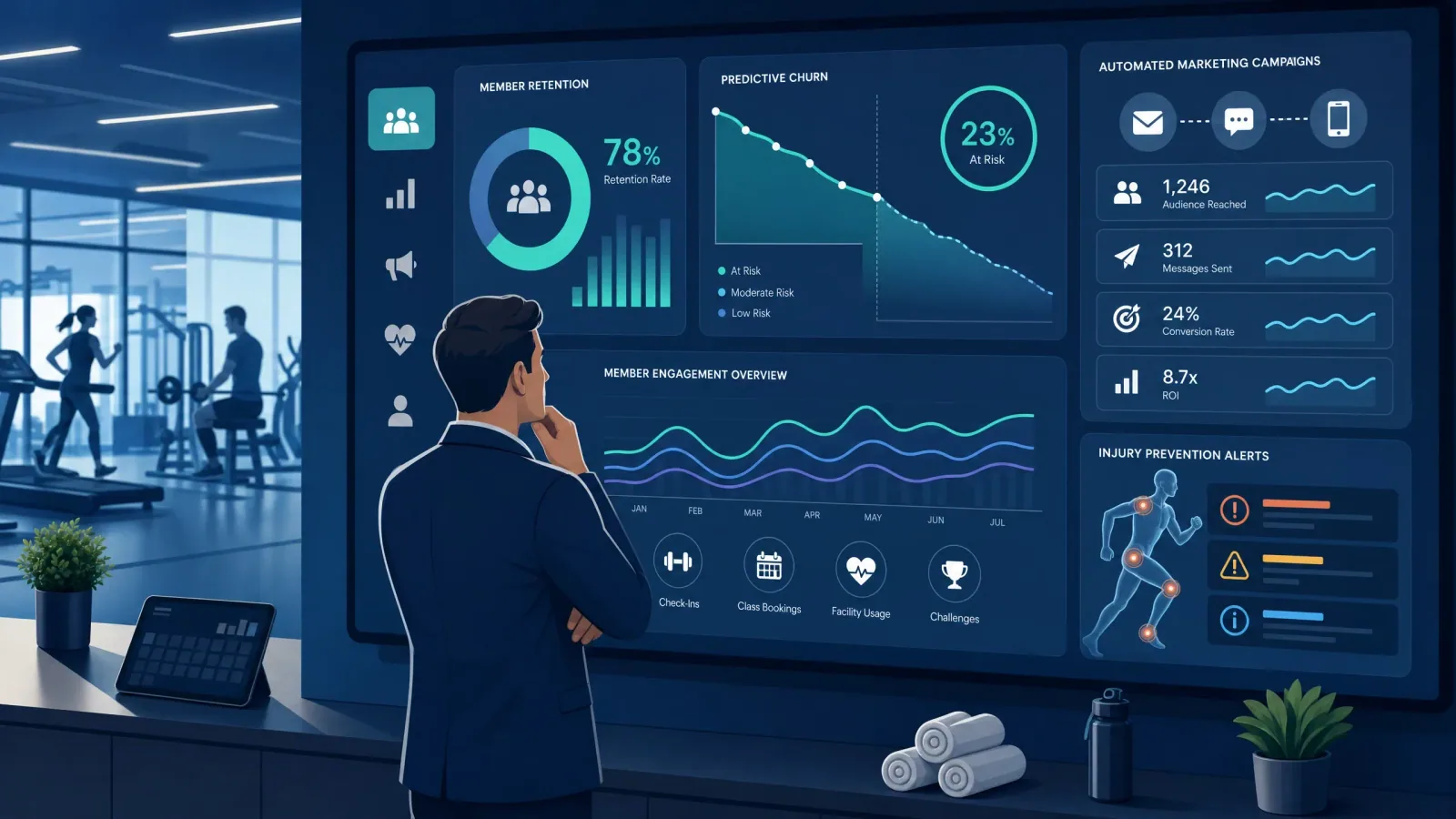 AI sports business management dashboard showing member retention rates, predictive churn analytics, automated marketing campaigns, and injury prevention alerts for gym and sports club operators