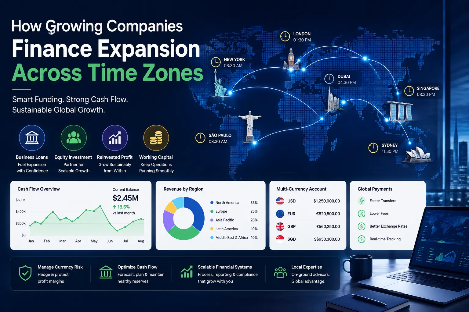 Growing company financing global expansion across time zones with international cash flow management, funding sources, and multi-currency operations dashboard.