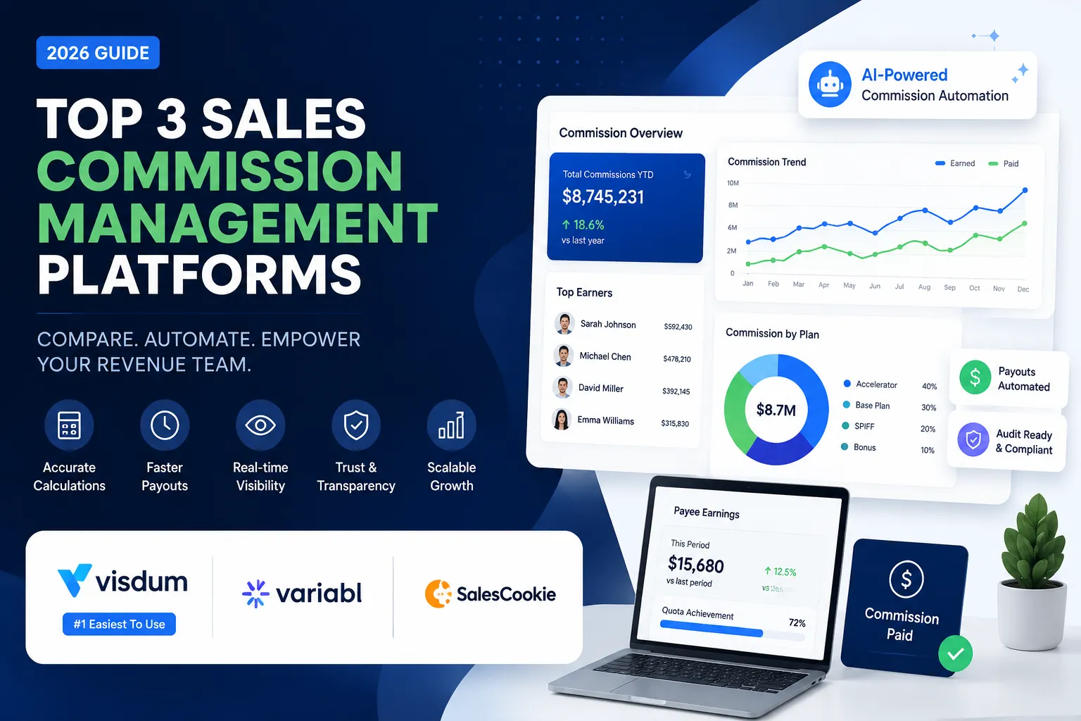 Top sales commission management platforms in 2026 comparison dashboard showing commission automation, payouts, analytics, and revenue team performance tracking.