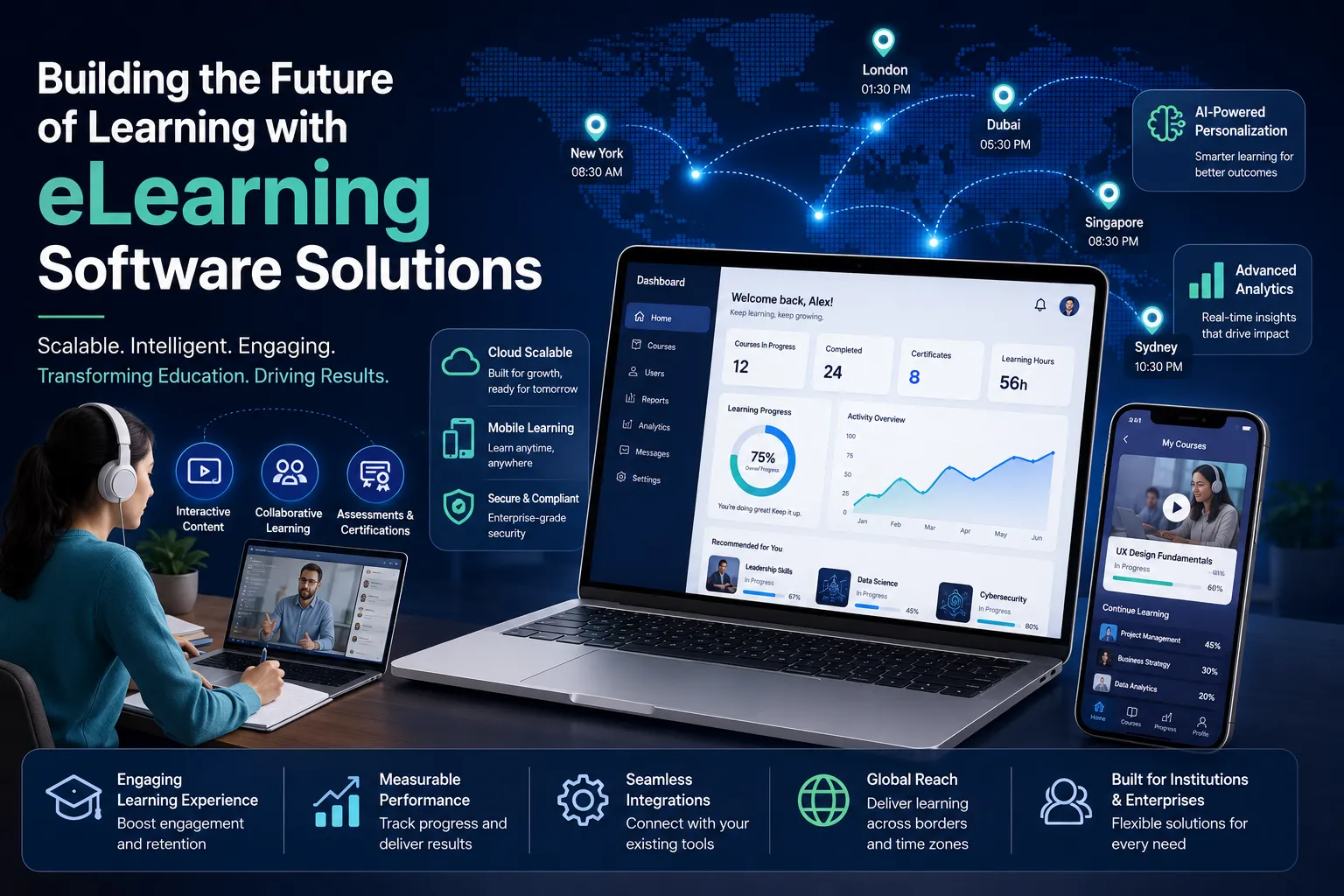 Modern eLearning software platform with AI-powered personalization, learning analytics dashboard, mobile learning apps, and global digital education connectivity.