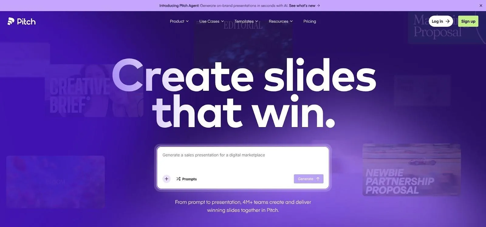 Pitch presentation software with slide status and assignments.