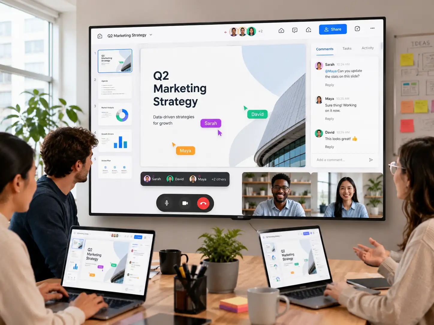 Team members collaborating in real time on a shared presentation deck using cloud-based slide tools including Google Slides, Pitch, Canva, and PowerPoint 365.