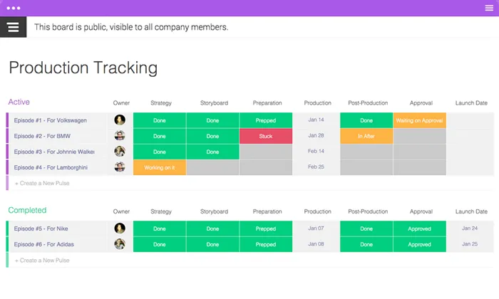 Board displays production tracking rows with avatars and green, orange, red, and gray status cells across workflow stages.